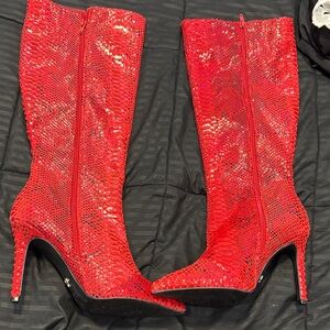 Thalia Sodi Red Snake-Embossed Over-the-Knee Stiletto Boots